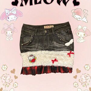 Black denim mini skirt with red plaid and Hello Kitty details
